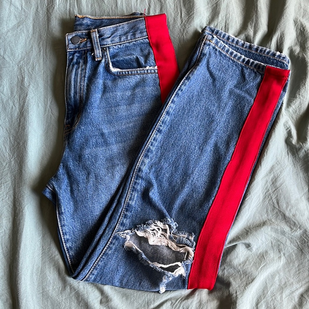 LF Carmar Distressed High Rise Straight Leg Denim with Ribboning Detail
